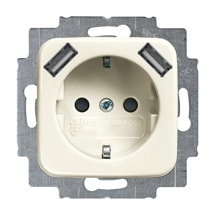 Busch-Jaeger 20 EUCB2USB-212 Schutzkontakt-/USB-Steckdose, 2x USB, mit Befestigungskrallen, weiß glänzend, Busch-Duro 2000 SI