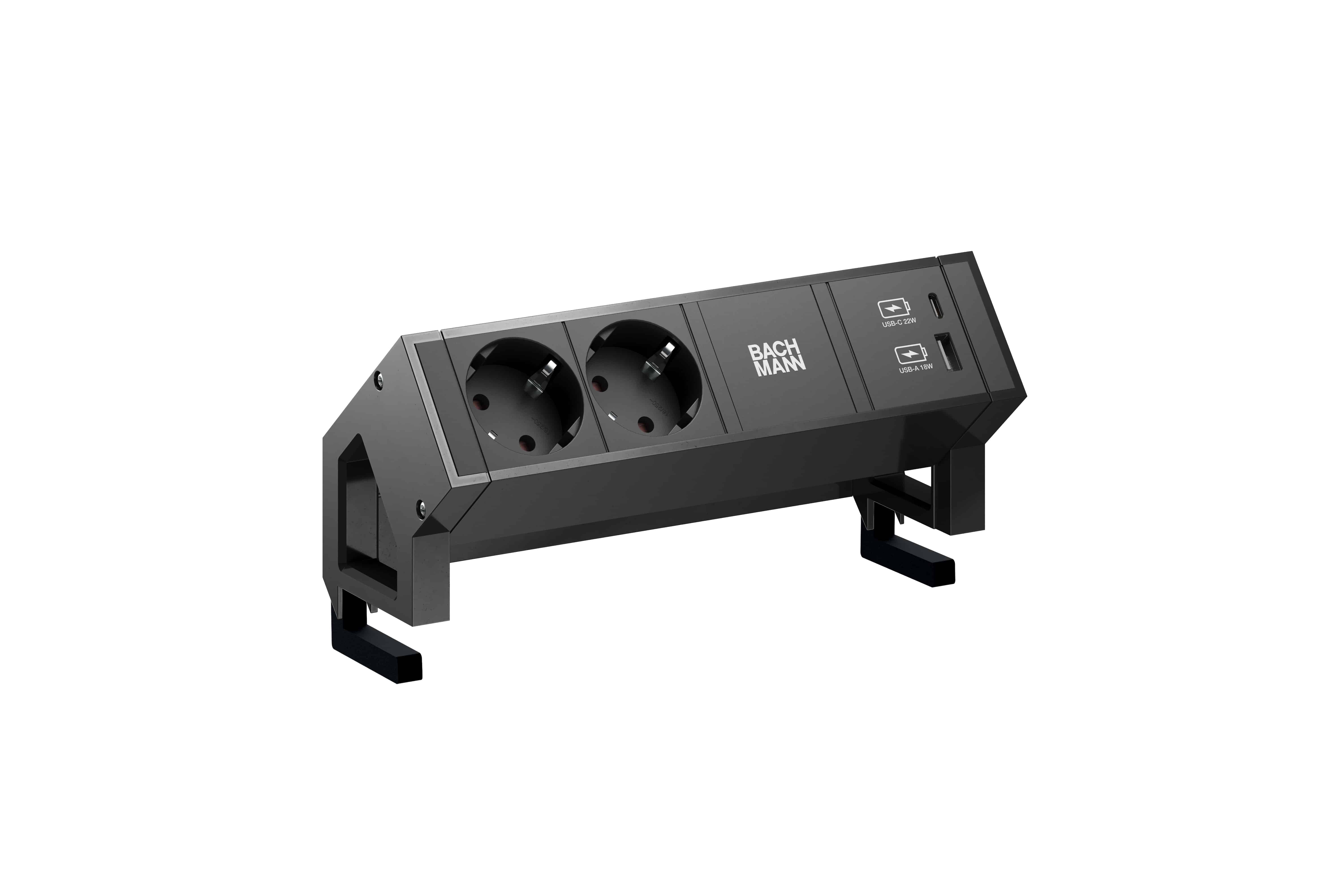 Bachmann 902.962 Steckdosenleiste DESK2, 2x Schutzkontaktsteckdose, 1x USB A/C 22 W, 0,2 m GST18, inklusive Haltewinkel, schwarz
