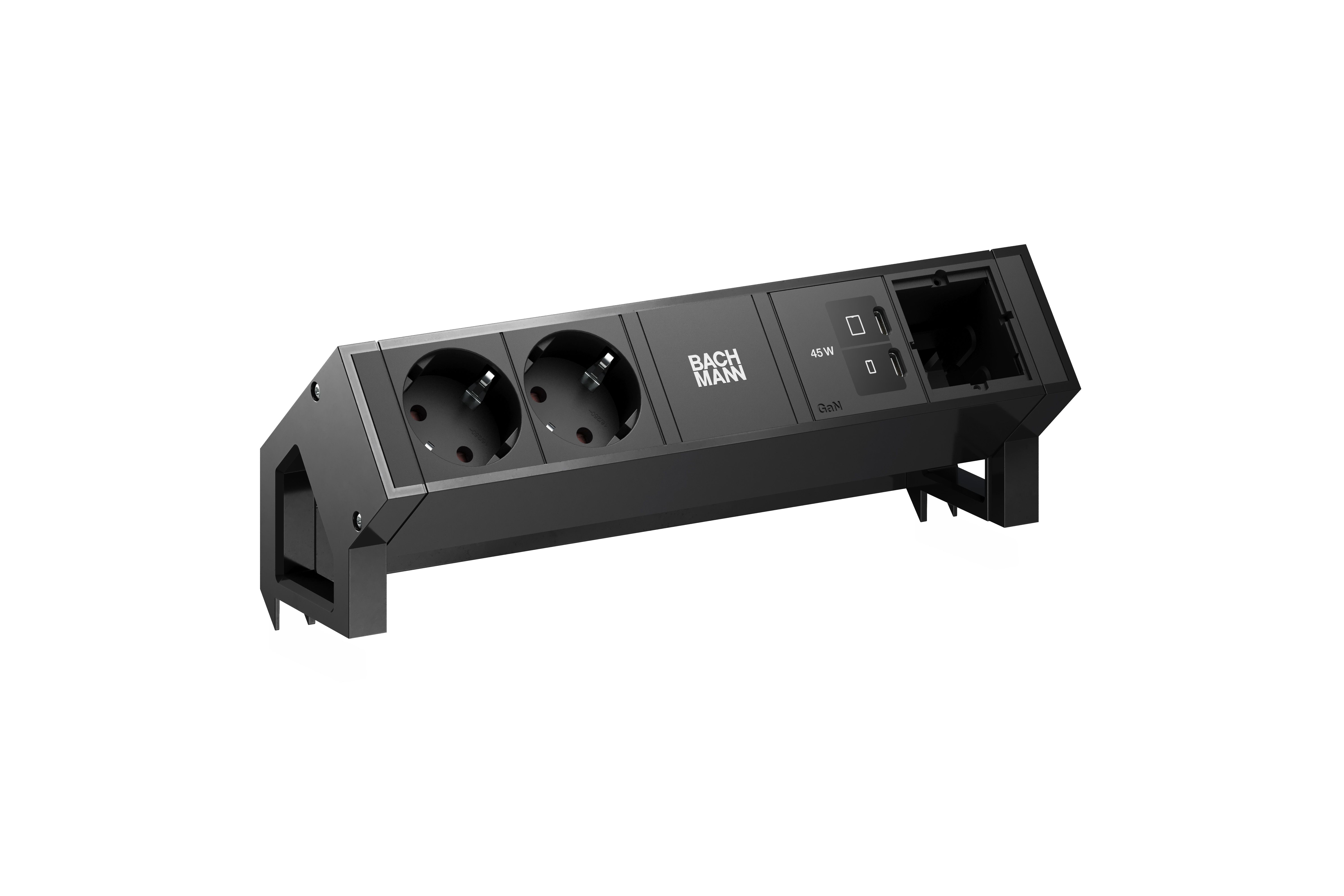 Bachmann BM0024217 Steckdosenleiste DESK2, 2x Schutzkontaktsteckdose, 1x USB C/C 45 W, 1x Custom Modul, 0,2 m GST18, inklusive Haltewinkel, schwarz