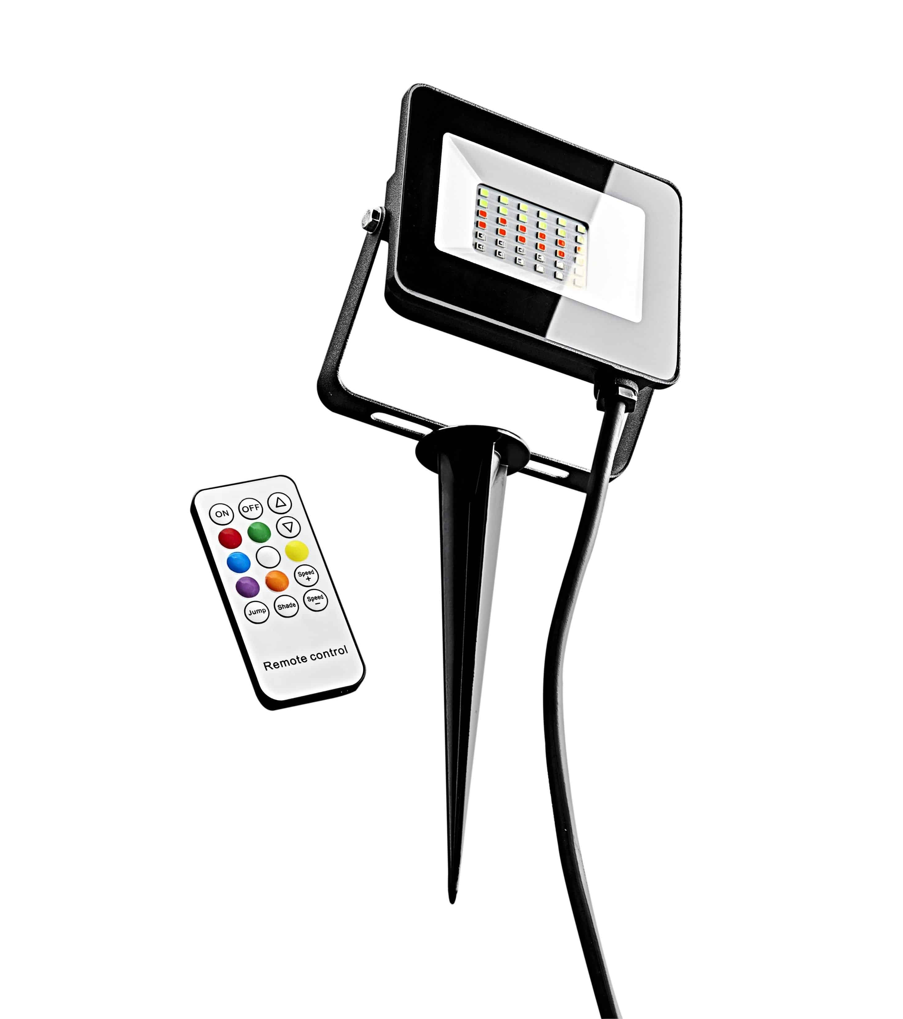 Heitronic 500645 Flutlichtstrahler Kingston, 15 W, 2700 - 6500 K einstellbar,  IP44, RGB + CCT, inklusive Fernbedienung und Erdspieß