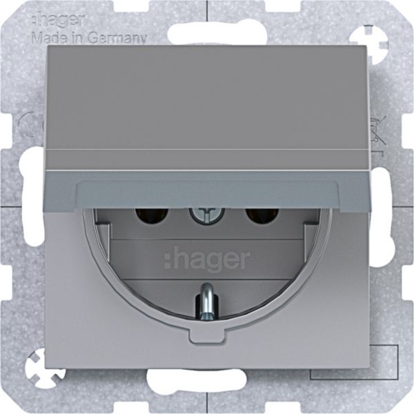 Hager WAS1110TA Schutzkontaktsteckdose mit Klappdeckel, selbstschließend, Steckklemmen, A.x/C.x, titan matt