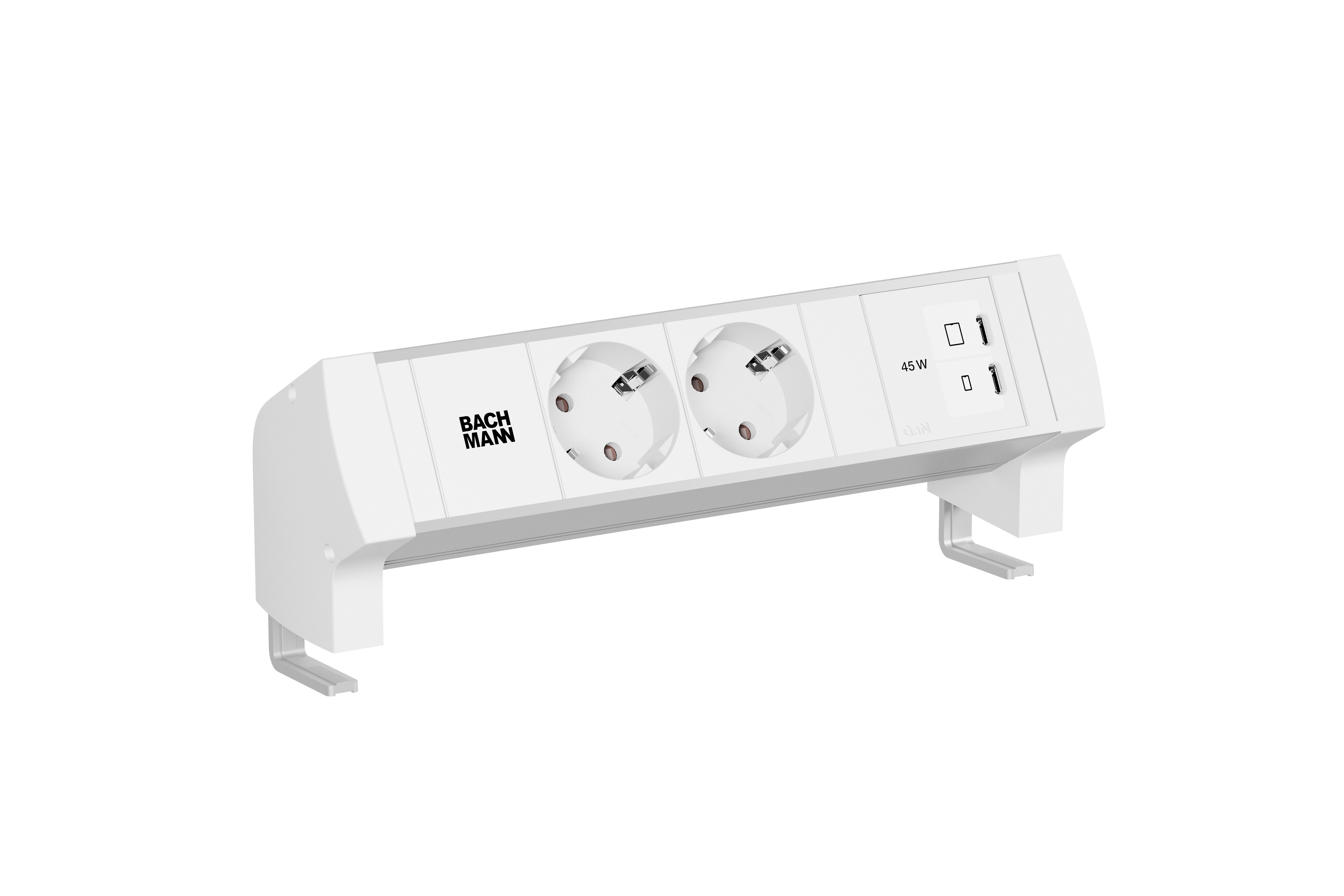 Bachmann BM0028982 Steckdosenleiste DESK STYLE, 2x Schutzkontaktsteckdose, 1x USB C/C 45 W, 0,2m GST18, mit Haltewinkel, hellgrau/weiß