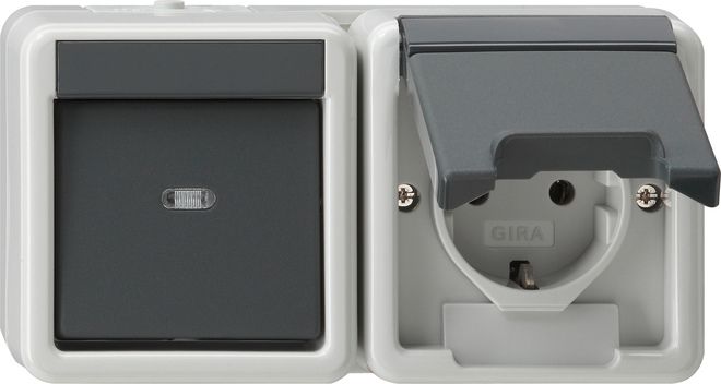 Gira 417730 Kombination Aus-Wechselschalter Schutzkontakt-Steckdose waagerecht mit Klappdeckel, Aufputz grau