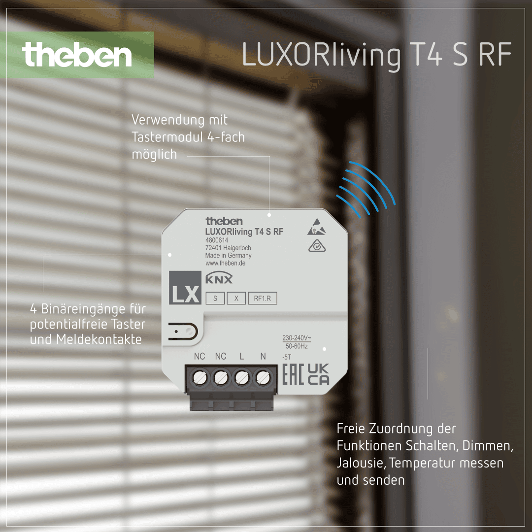 LUXORliving T4 S RF – 4-fach Unterputz Funk-Tasterschnittstelle für Smart-Home-Systeme Produktdetails zur Theben LUXORliving T4 S RF 4-fach UP Funk-Tasterschnittstelle, kabellos