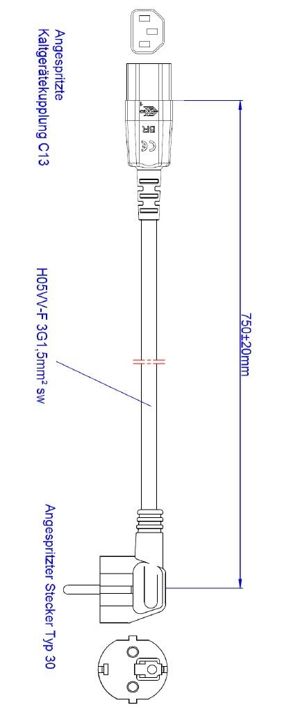 Bachmann 356.906 Kaltgeräte-Zuleitung H05VV-F 3G1,5 mm², 0,75m, Schutzkontakt-Winkelstecker / C13 Kaltgerätekupplung (einzeln verpackt), grau