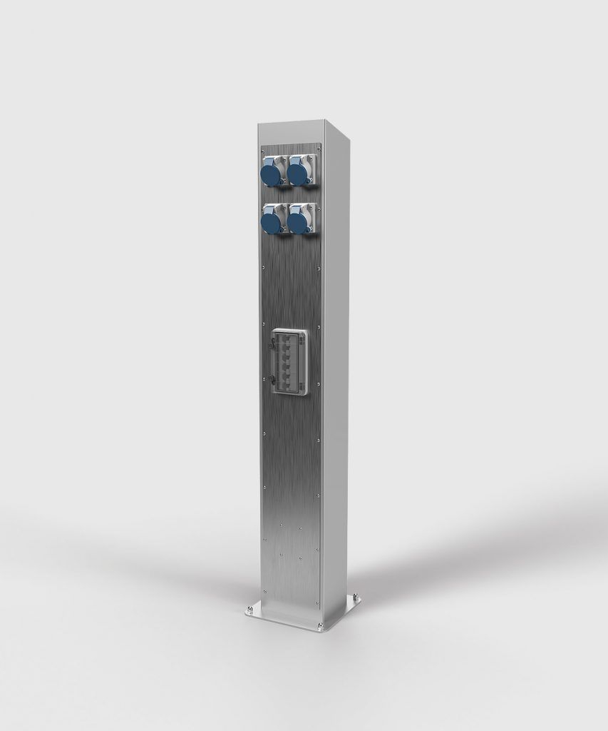 BS ES401-1-1 Energiesäule, 1200mm hoch, Edelstahl, eckig, 4x CEE 3/16A, 4x FI/LS, 16A, 0,03A, 2-pol.