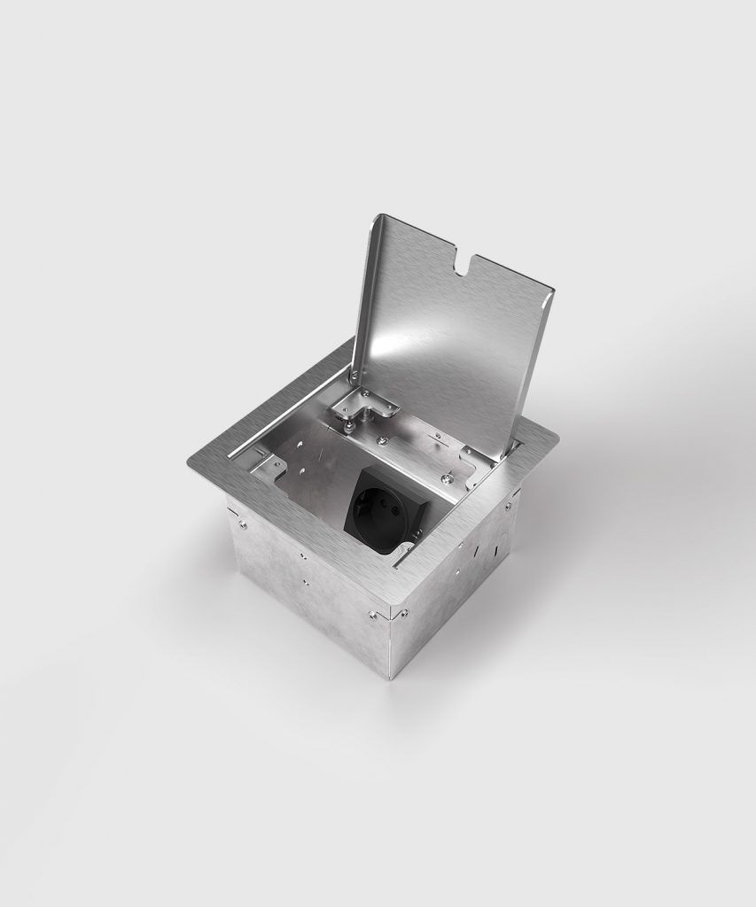 BS 8501E-1-1 Hohlbodentank, 1-fach, eckig, Rahmen und Klappdeckel aus Edelstahl, 1x Schutzkontakt-Steckdose