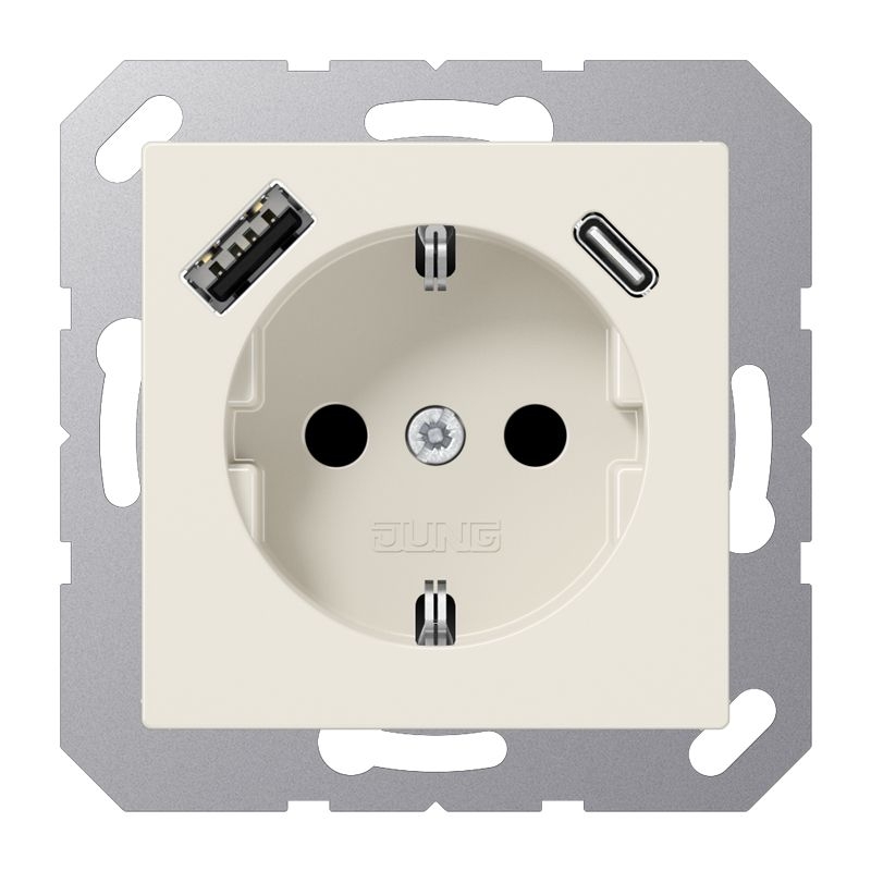 Jung A1520-15CA Schutzkontakt-Steckdose mit USB-Ladegerät, 1 x Typ A + 1 x Typ C, Safety Plus, Serie AS, weiß (ivory)