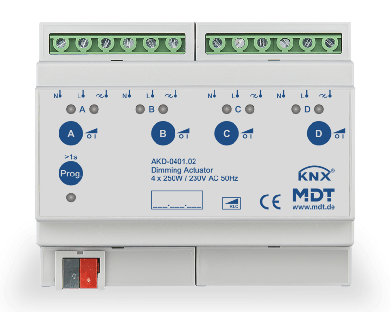 MDT AKD-0401.02 Dimmaktor 4-fach, 6TE REG, 250W, 230VAC, KNX/EIB