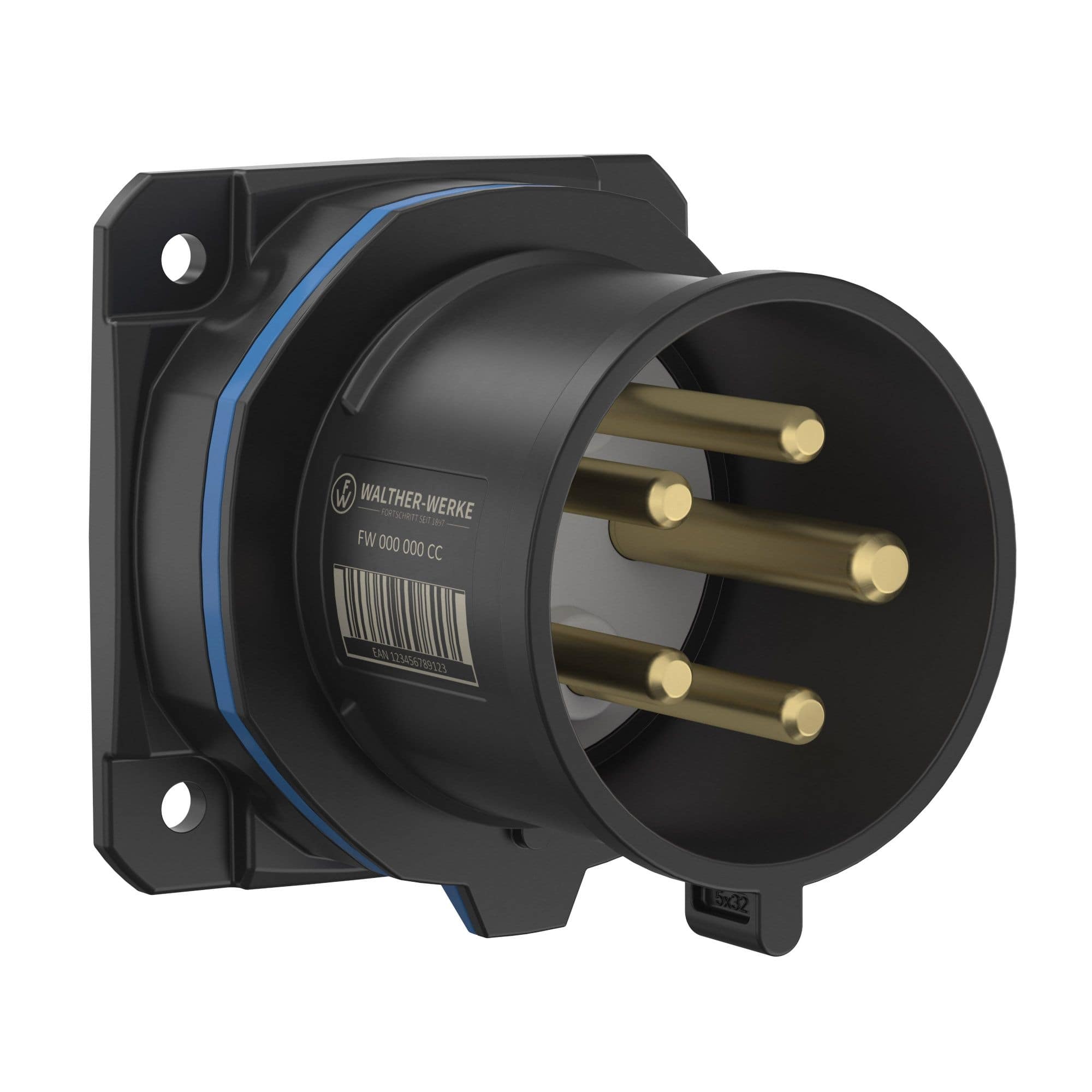 Walther Werke FW630509CC CEE NEO Anbaugerätestecker gerade 32A 5P 9h IP54 mit Käfigzugfeder-Technik und 80x80mm Flansch
