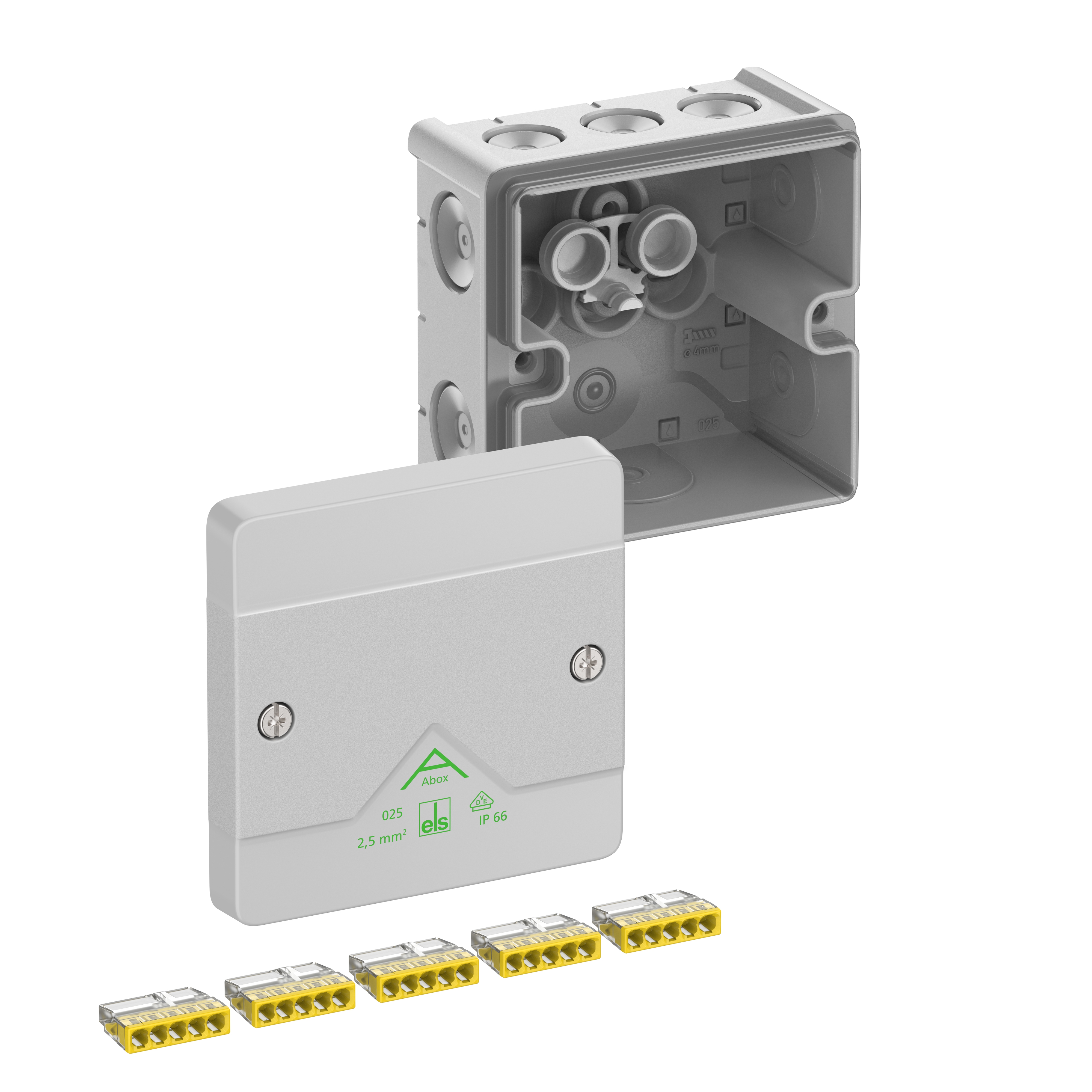 Spelsberg 80242001 Abzweigkasten, Schutzart IP66, max. Leiterquerschnitt 2,5mm², Schlagfestigkeit IK07, Schutzklasse II, Ui 450V AC, Ui 450V DC, DLG, VDE, halogenfrei