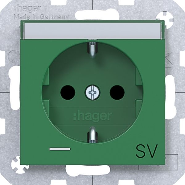 Hager WAS1437GR Schutzkontaktsteckdose mit LED und Aufdruck SV, Beschriftungsfeld, erhöhter Berührungsschutz, Steckklemmen, A.x/C.x, grün glänzend