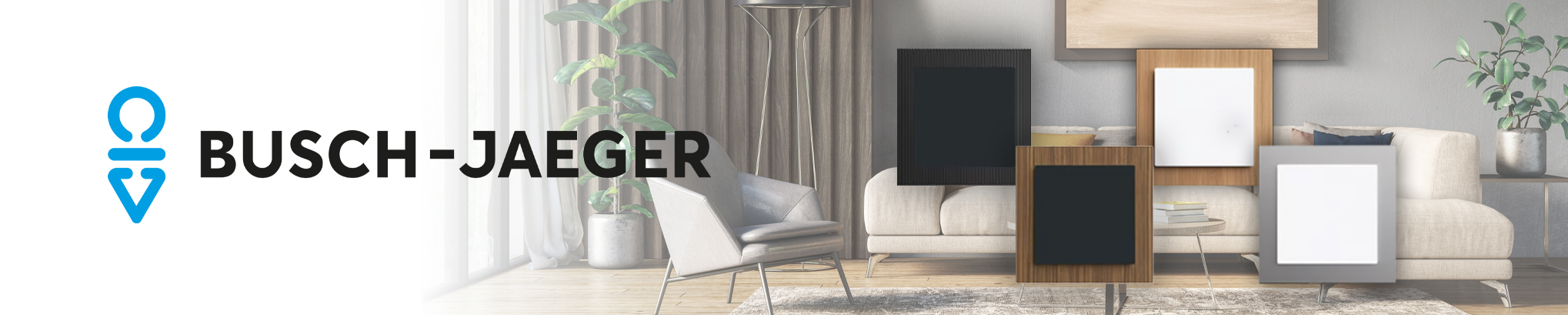 Busch-Jaeger Logo neben einer Collage verschiedener Schalterdesigns (Holzoptik, Schiefer, Glas, Metall) vor einem modern eingerichteten Wohnzimmer mit hellem Sofa.