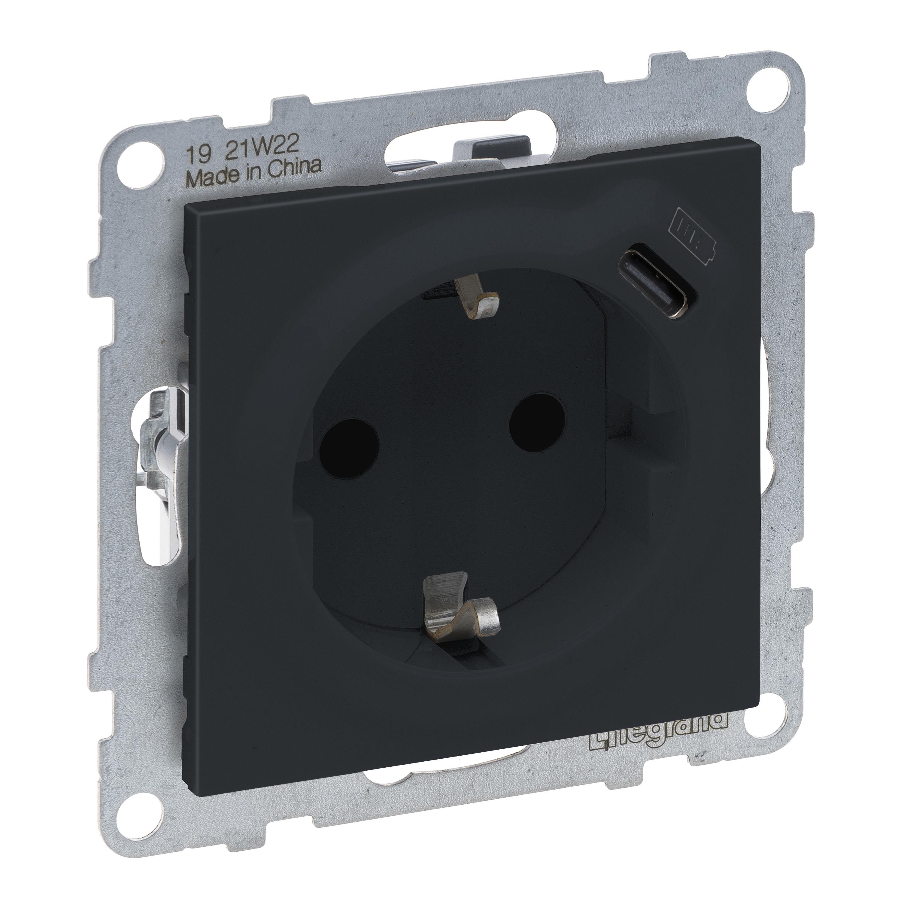 Legrand 765426 SEANO Kombinationssteckdose Steckdose mit USB Typ C, Steckklemmen, mit erhöhtem Berührungsschutz, anthrazit lackiert