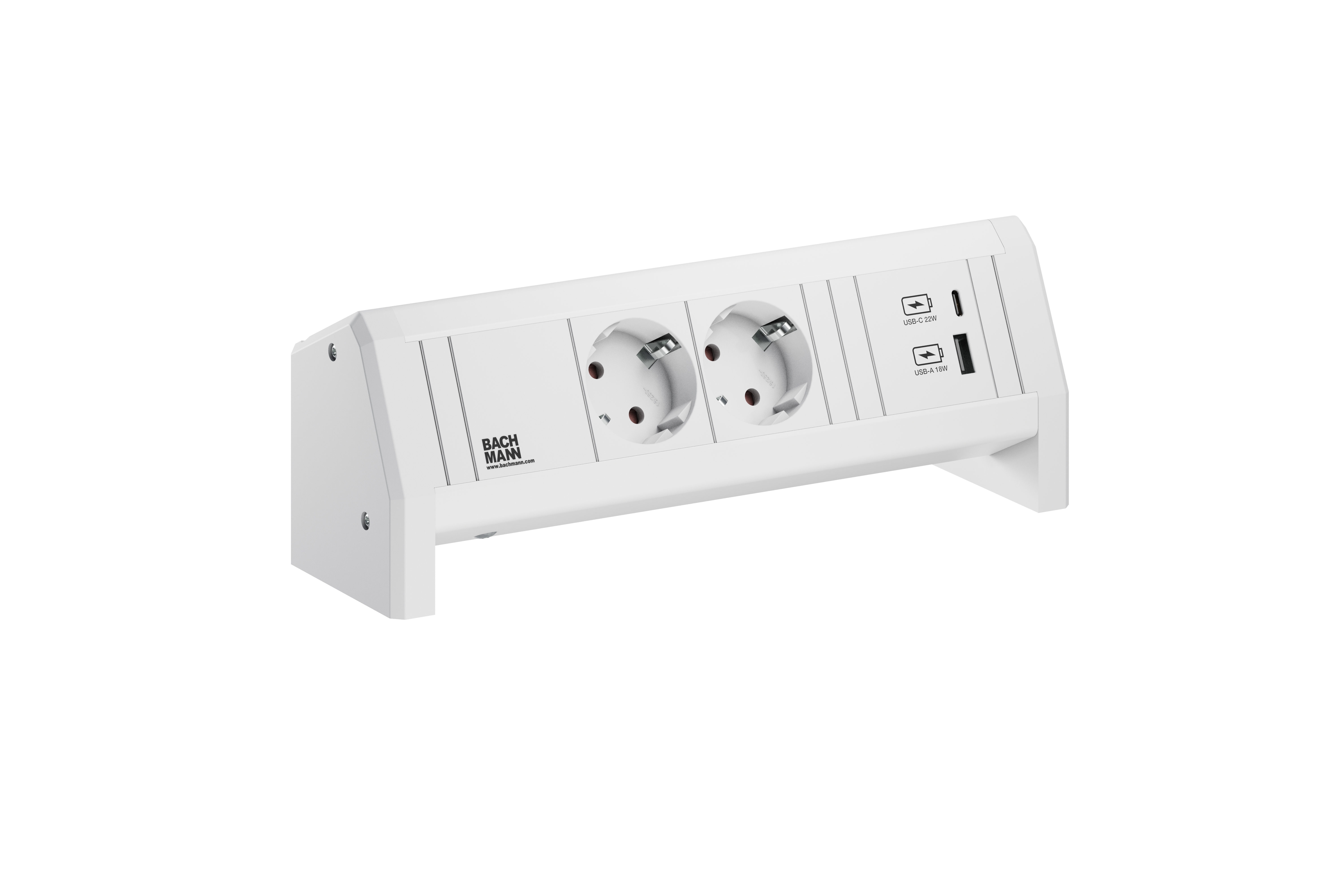 Bachmann 902.0290 Steckdosenleiste DESK, 2x Schutzkontaktsteckdose, 1x USB A/C 22 W, ohne Leitung, GST18 Stromein -und ausgang