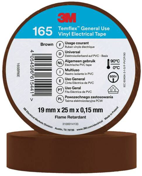 3M 7100184812 Temflex Vinyl-Isolierband 165, 19 mm x 25 m, braun