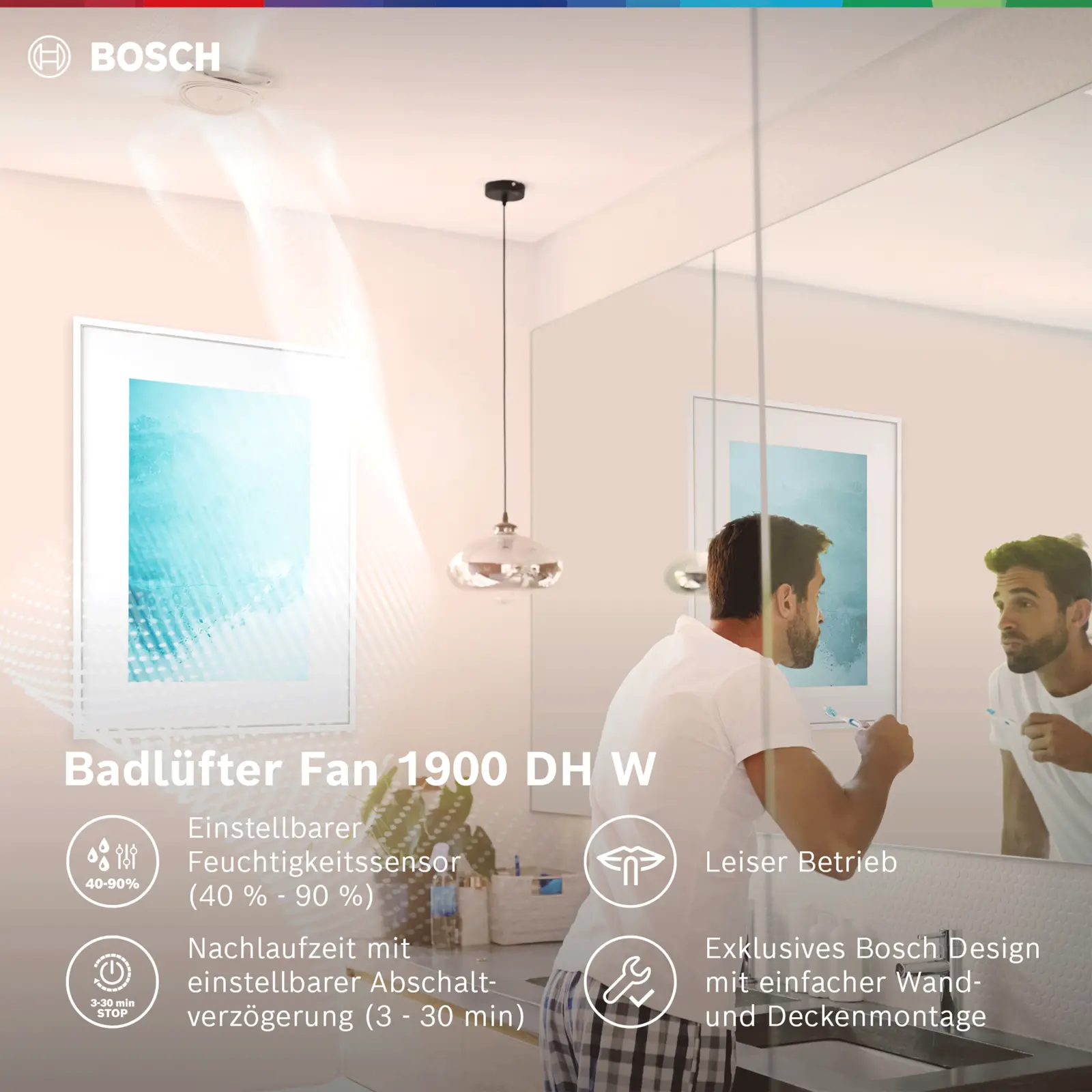 Bosch 7733703551 Badlüfter Fan 1900 DH W 125, Ø 125 mm, Luftfeuchtigkeitssensor, Silent-Funktion