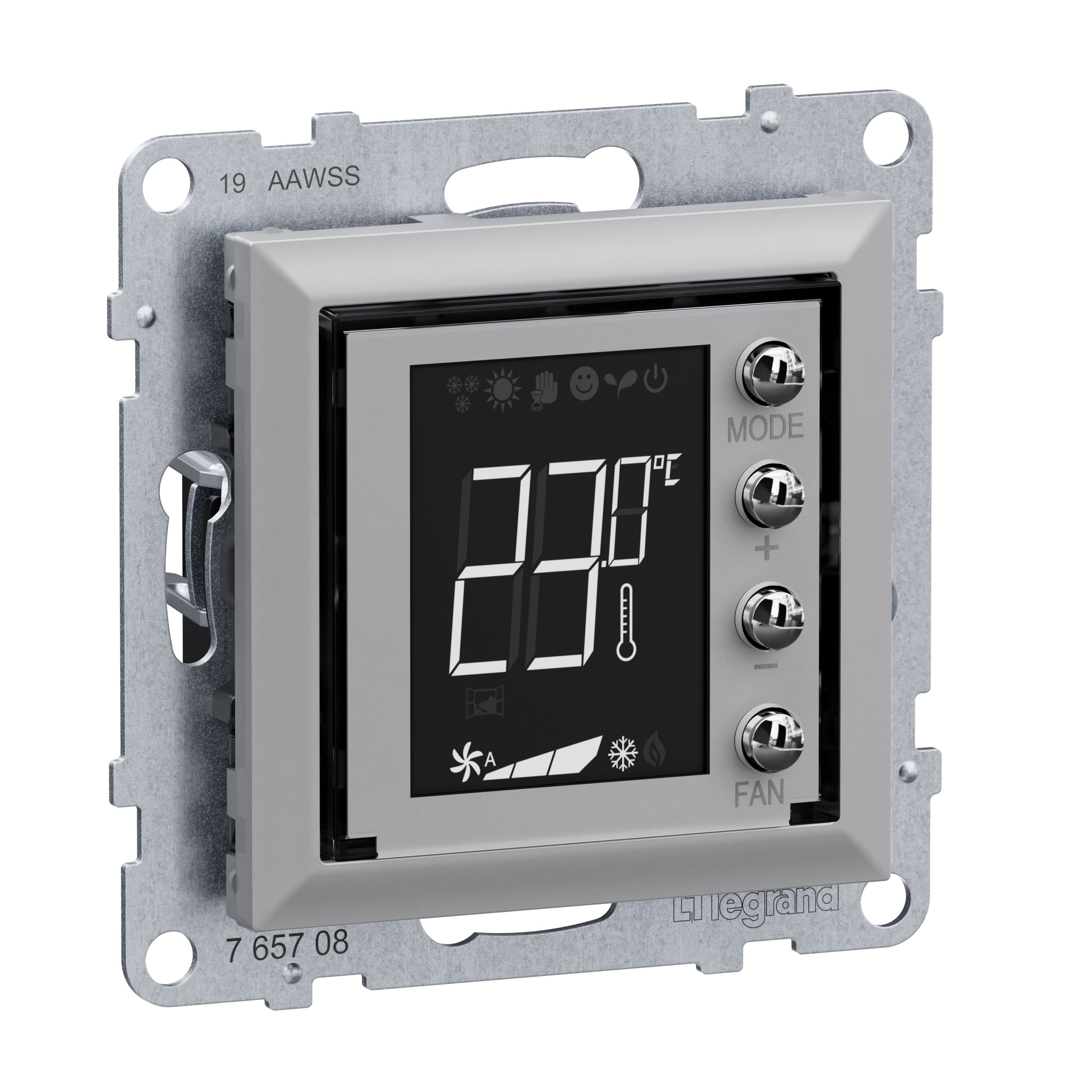Legrand 765708 SEANO MyHome Thermostat mit beleuchtetem Display, Temperatursensor und potentialfreiem Eingang inklusive Abdeckung, aluminium