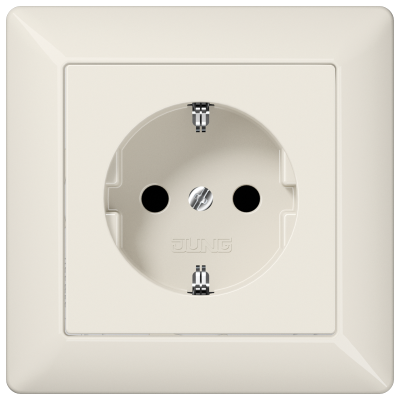 Jung AS1520NKI Schutzkontakt-Steckdose mit integriertem Rahmen, ohne Krallen, Safety Plus, Duroplast, Serie AS, weiß (ivory)