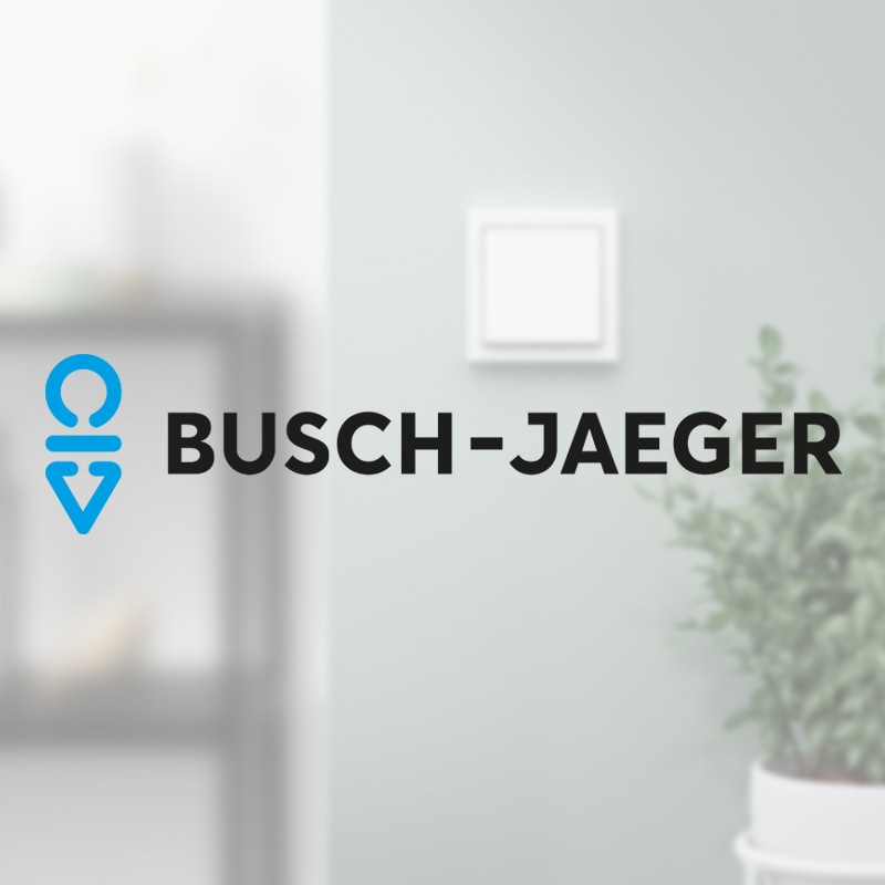 Busch-Jaeger Logo mittig auf einem hellgrauen Verlauf, ein quadratischer, weißer Lichtschalter vor einer hellen Wand mit angedeuteten Pflanzenblättern im Vordergrund.