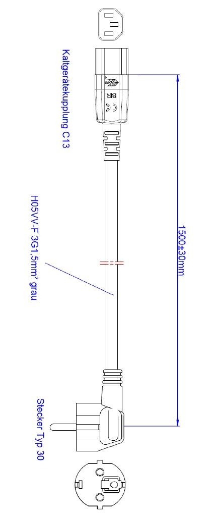 Bachmann 356.908 Kaltgeräte-Zuleitung H05VV-F3 G1,5 mm², 1,5m, Schutzkontakt-Winkelstecker / C13 Kaltgerätekupplung (einzeln verpackt), grau