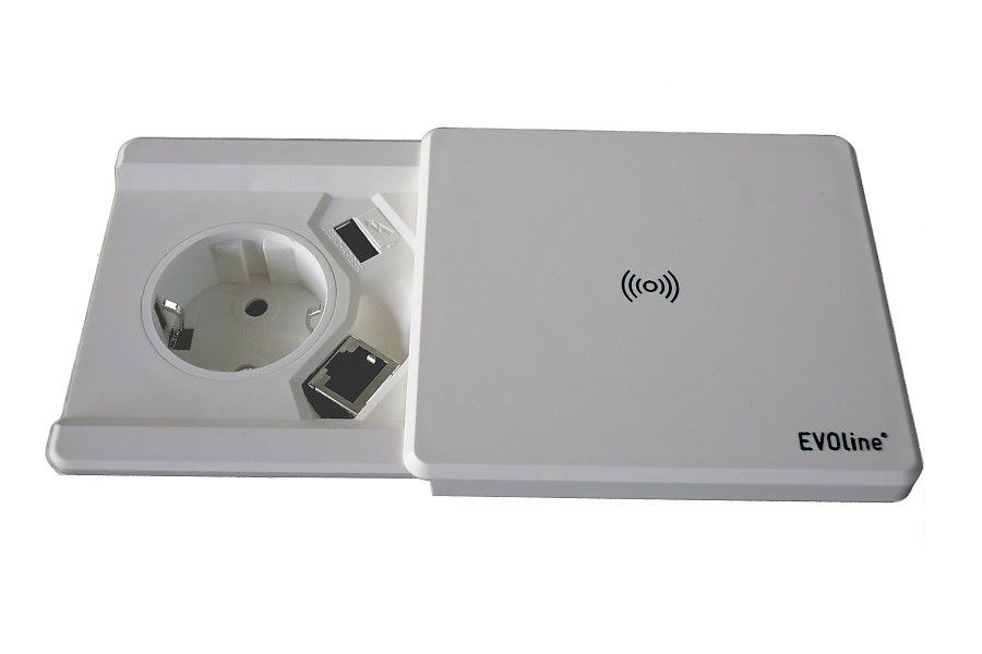 EVOline® Tisch-Einbausteckdose Square80 mit Qi-Ladestation +USB +CAT6-Buchse fest