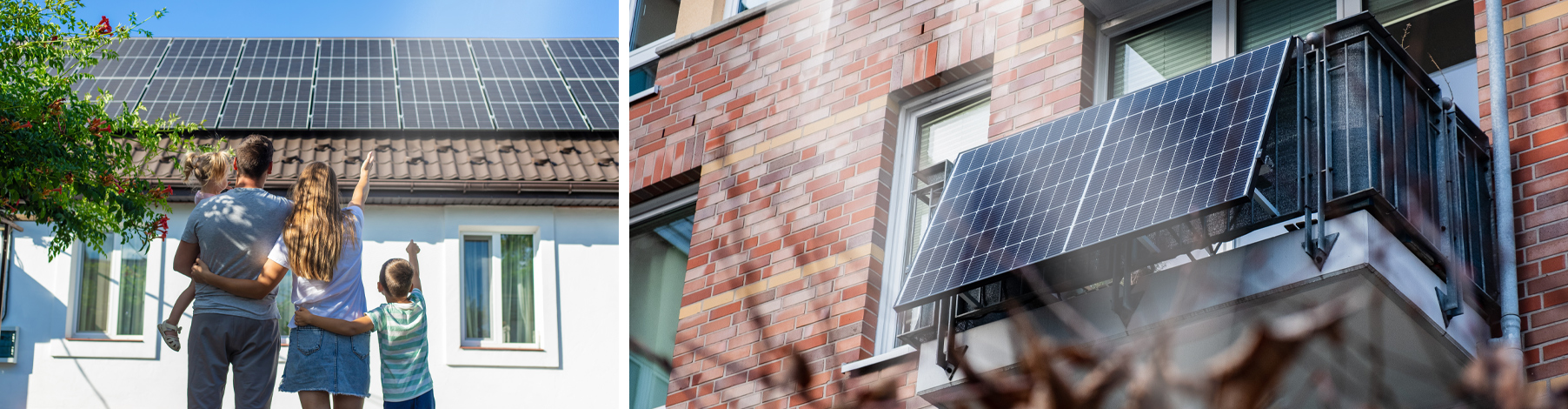 Im linken Bild stehen Eltern mit ihren zwei Kindern vor einem Haus mit Solarpanelen und zeigen mit dem rechten Finger darauf und auf dem rechten Bild ein Balkonkraftwerk am Balkon