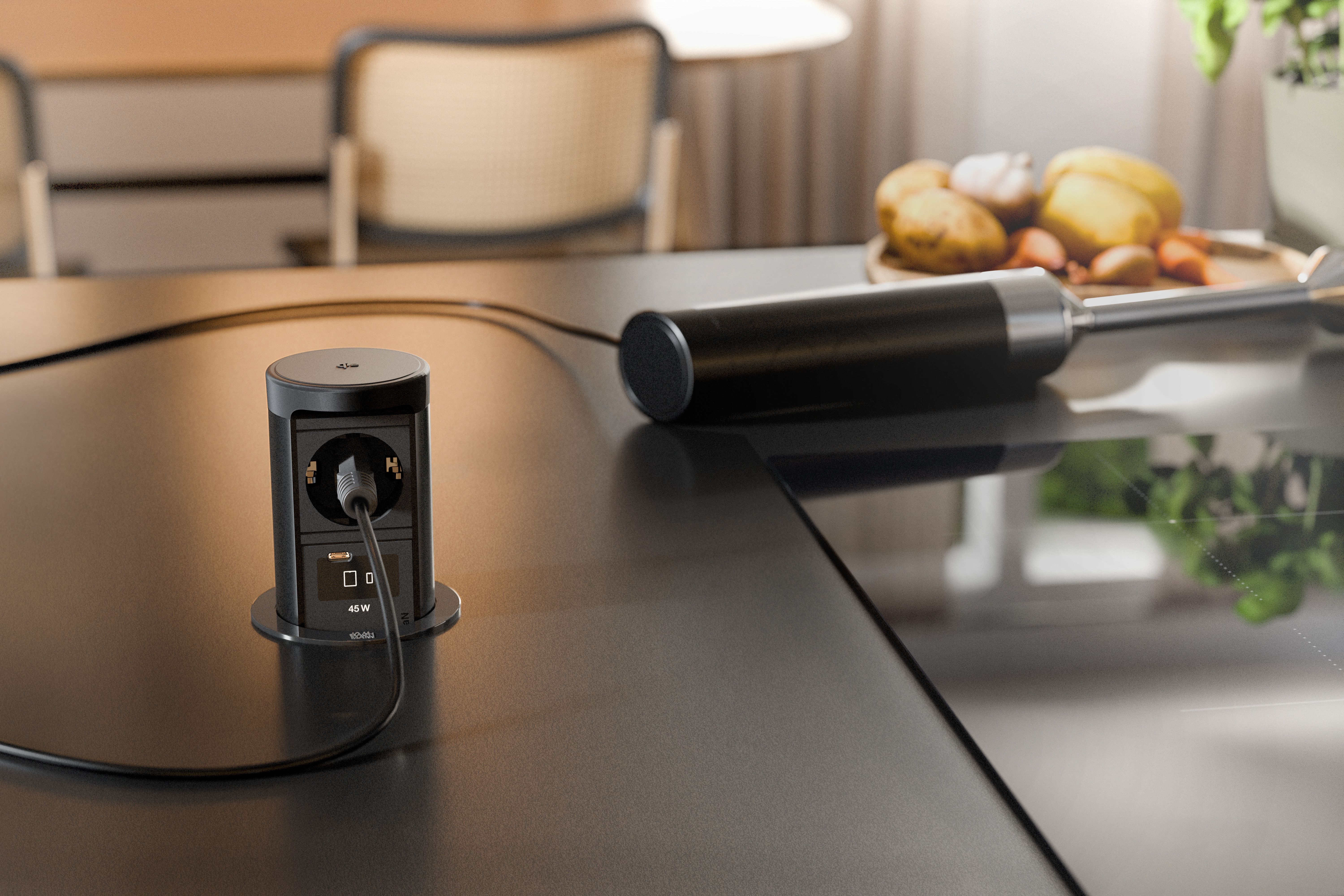 Bachmann BM0020530 Steckdoseneinheit ELEVATOR 2, versenkbar, 1x Schutzkontaktsteckdose, 1x USB C Wireless Charger, 0,5 m GST18, schwarz matt
