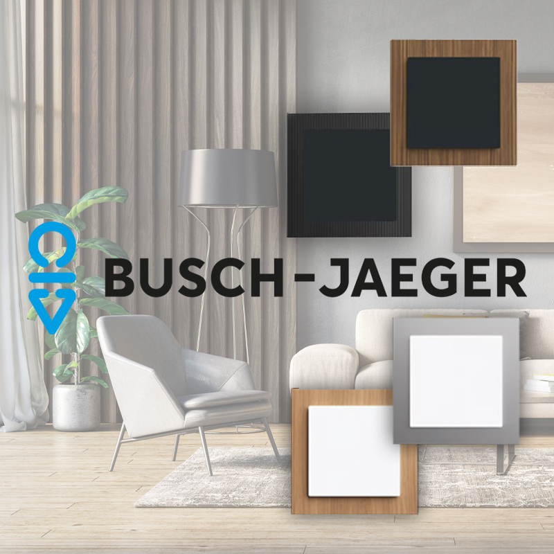 Busch-Jaeger Logo vor einer Collage verschiedener Schalterdesigns (Holzoptik, Schiefer, Glas, Metall) vor einem modern eingerichteten Wohnzimmer mit hellem Sofa.