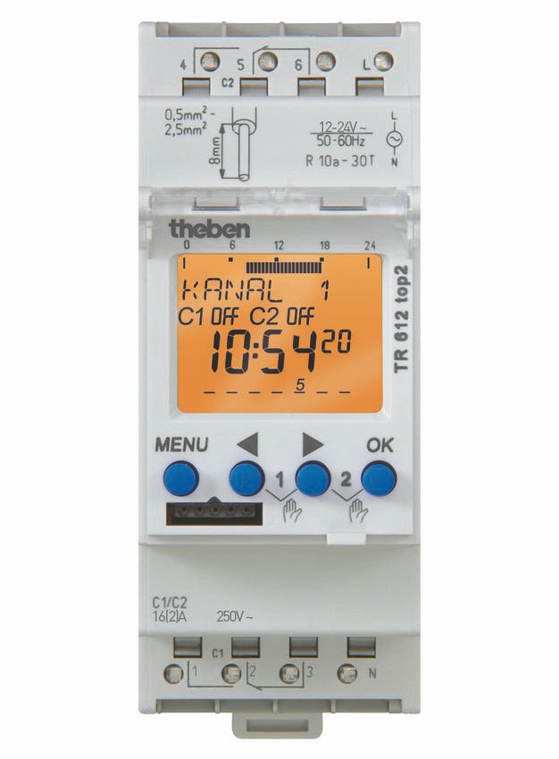 Theben 6124100 TR 612 top2 24V Reiheneinbau Digital-Zeitschaltuhr 2 Kanäle, 7 Tage, Textzeile, Steckkl., 2 TE