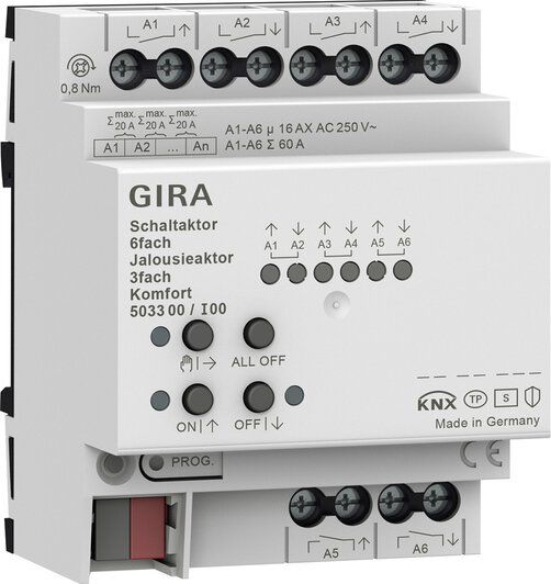 Gira 503300 Schalt-/Jalousieaktor 6-fach/3-fach 16 A REG Komfort KNX Secure