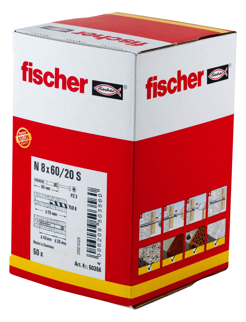 Fischer N 8 x 60/20 S , Nageldübel mit Nagelschraube, 50 St.
