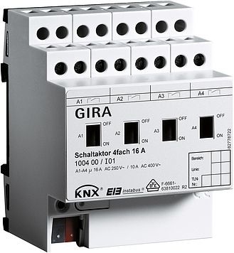 Gira 100400 Schaltaktor 4-fach 16 A mit Handbet盲tigung f眉r KNX