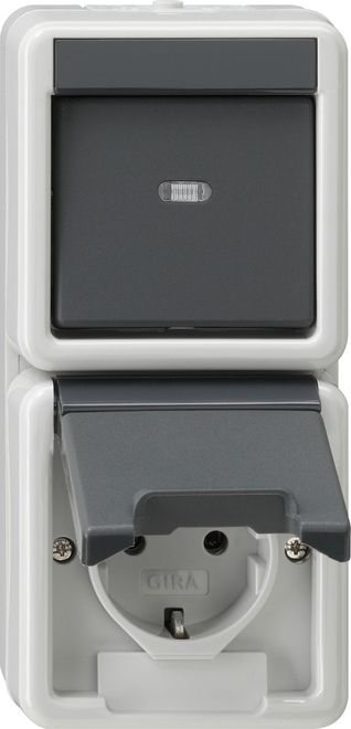 Gira 417630 Kombi Aus-Wechselschalter Schutzkontakt-Steckdose senkrecht mit Klappdeckel Aufputz Grau