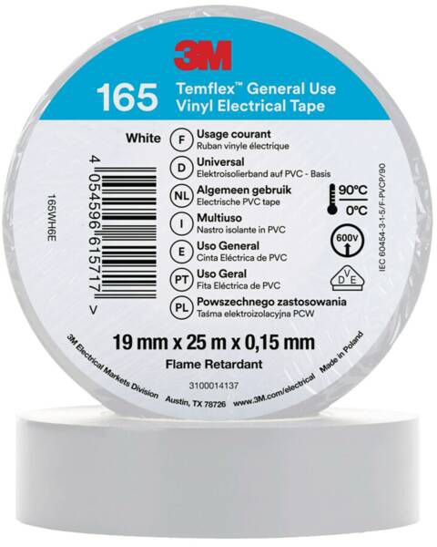 3M 7100184818 Temflex Vinyl-Isolierband 165, 19 mm x 25 m, weiß
