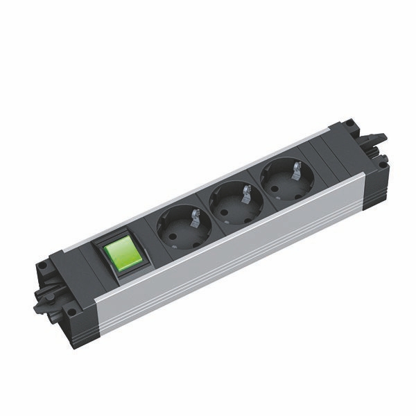 Bachmann 906.18801 Modulare Steckdosenleiste STEP ALU, 3x Schutzkontaktsteckdose, 1x Schalter, GST18, aluminium/schwarz