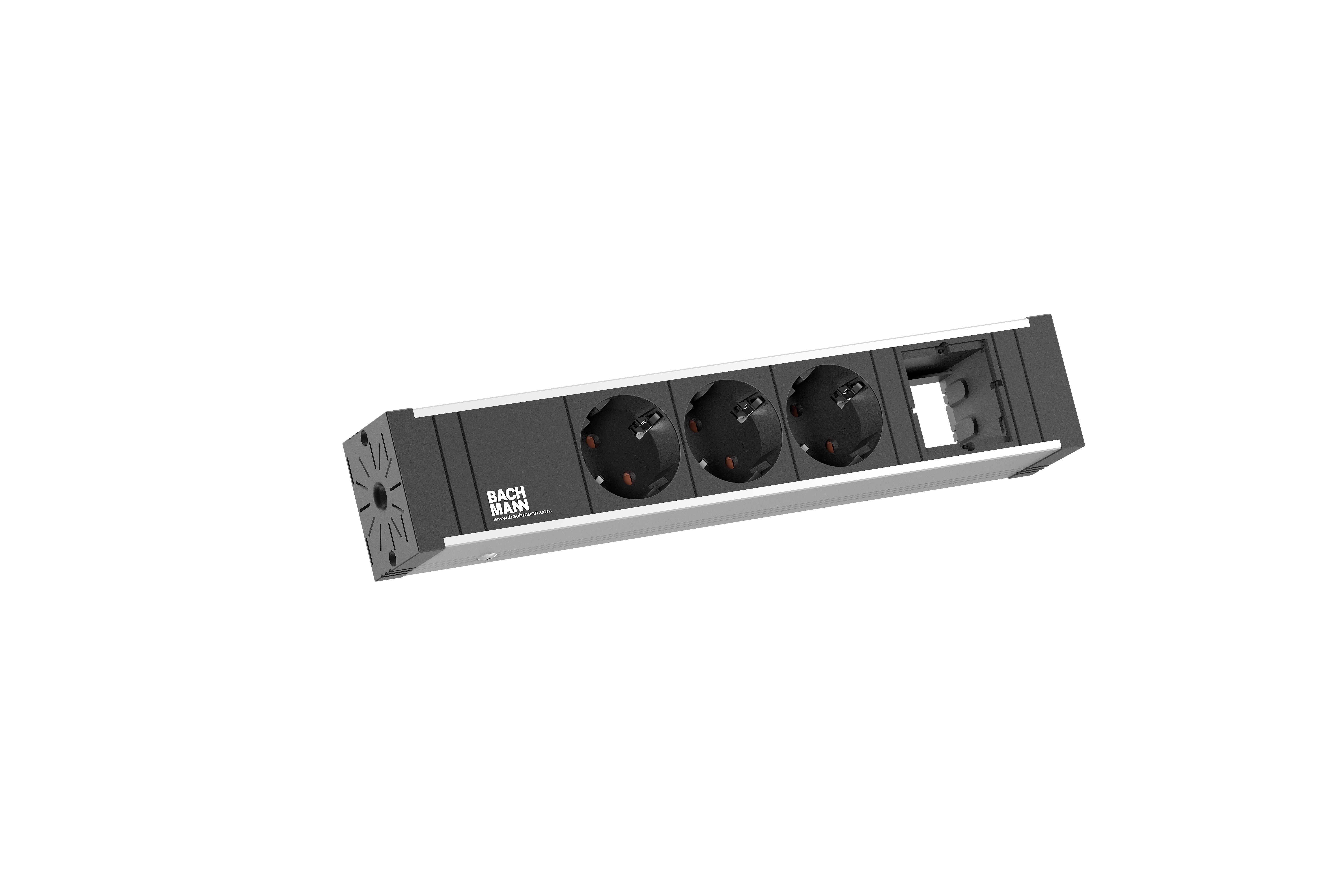 Bachmann 922.0111 Steckdosenleiste UNIVERSAL, 3x Schutzkontaktsteckdose, 1x Custom Module, Leitung 3,0 m Schutzkontakt-Winkelstecker, edelstahl/schwarz