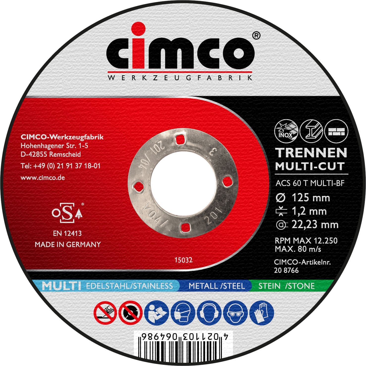 Cimco 20 8766 Korund-Trennscheibe Multicut, gekröpft, Stärke 1,2 mm, Ø 125, Bohrung 22,23 mm