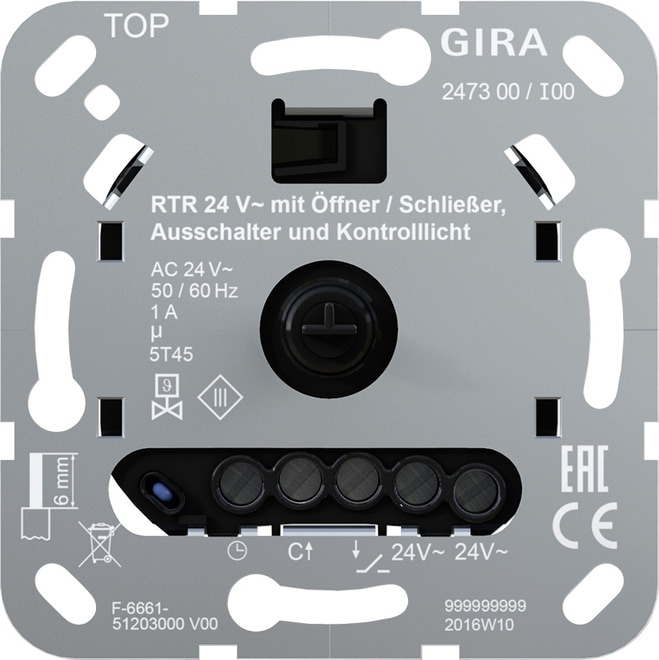 Gira 247300 Einsatz Raumtemperaturregler 24 V~ mit Öffner bzw. Schließer, Ausschalter und Kontrolllicht