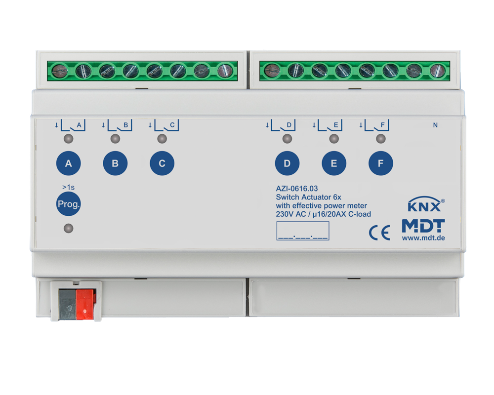 MDT AZI-0616.03 Schaltaktor 6-fach, 8TE, REG, 16/20 A, 230 V AC, mit Wirkleistungszähler, 200 µF