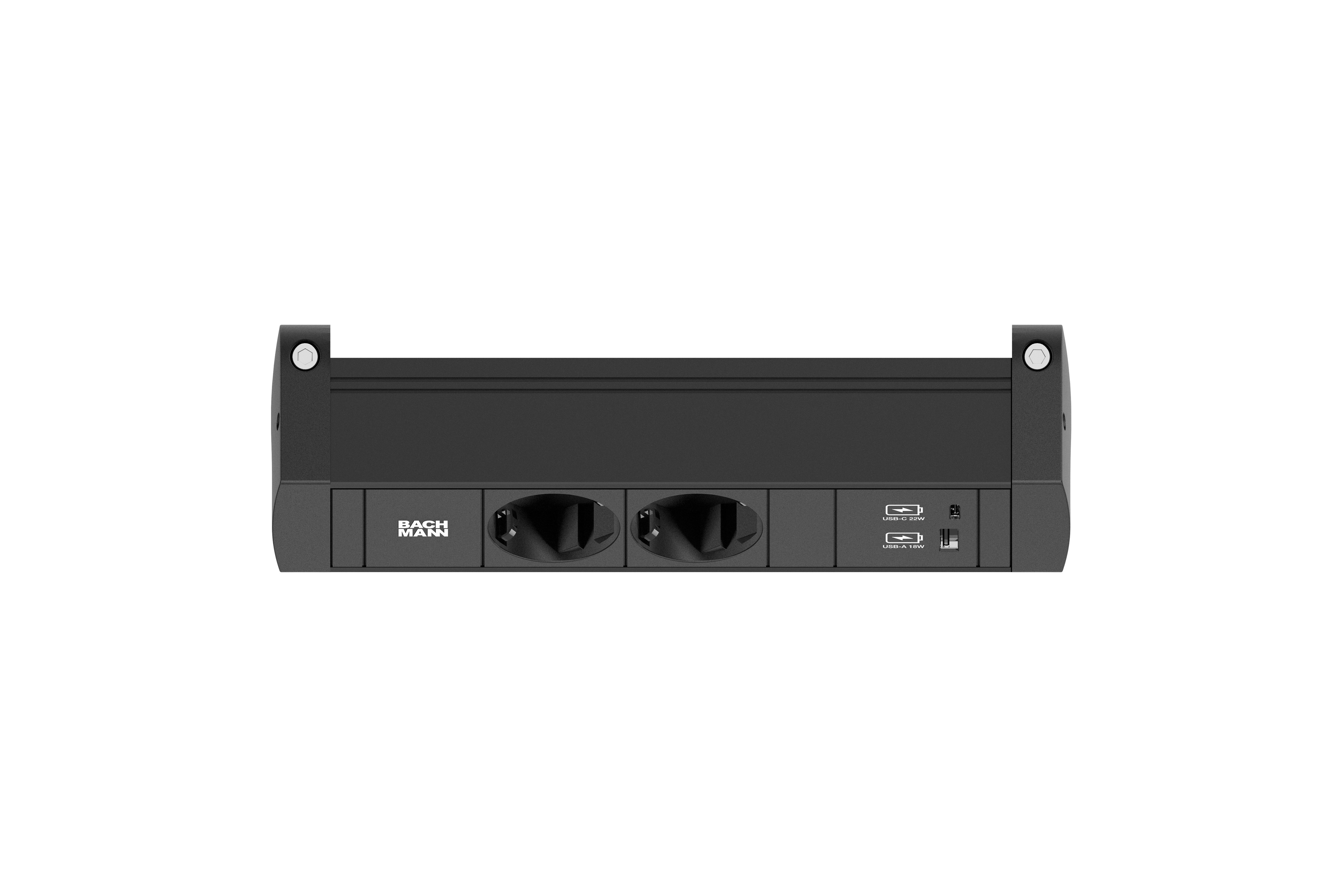 Bachmann BM0028977 Steckdosenleiste DESK STYLE, 2x Schutzkontaktsteckdose, 1x USB A/C 22 W, 2,0 m Schutzkontakt-Winkelstecker, mit Haltewinkel, schwarz