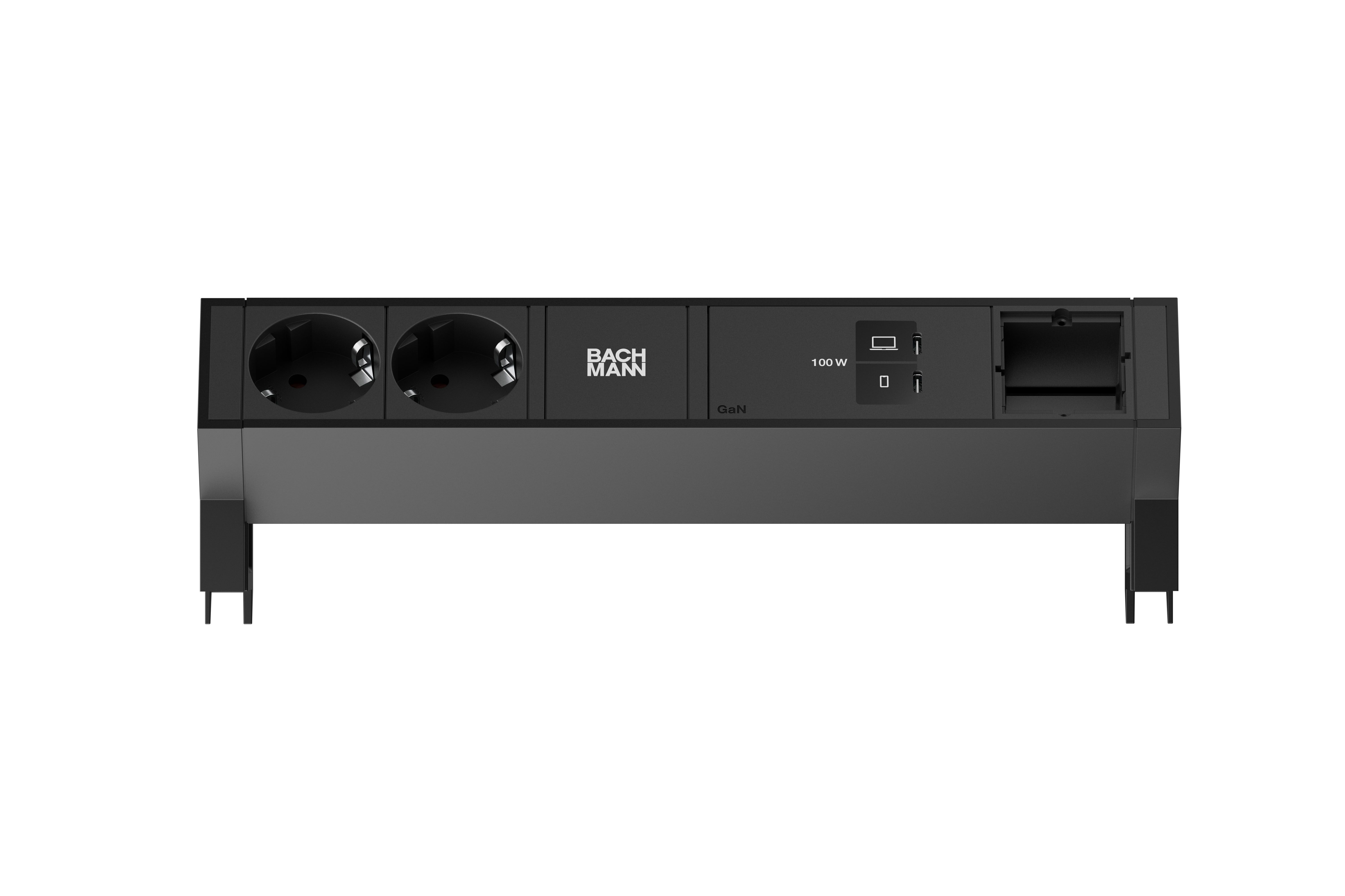 Bachmann BM0023755 Steckdosenleiste DESK2, 2x Schutzkontaktsteckdose, 1x USB C/C 100 W, 1x Custom Module, 1,0 m feste Zuleitung GST18, inklusive Haltewinkel, schwarz