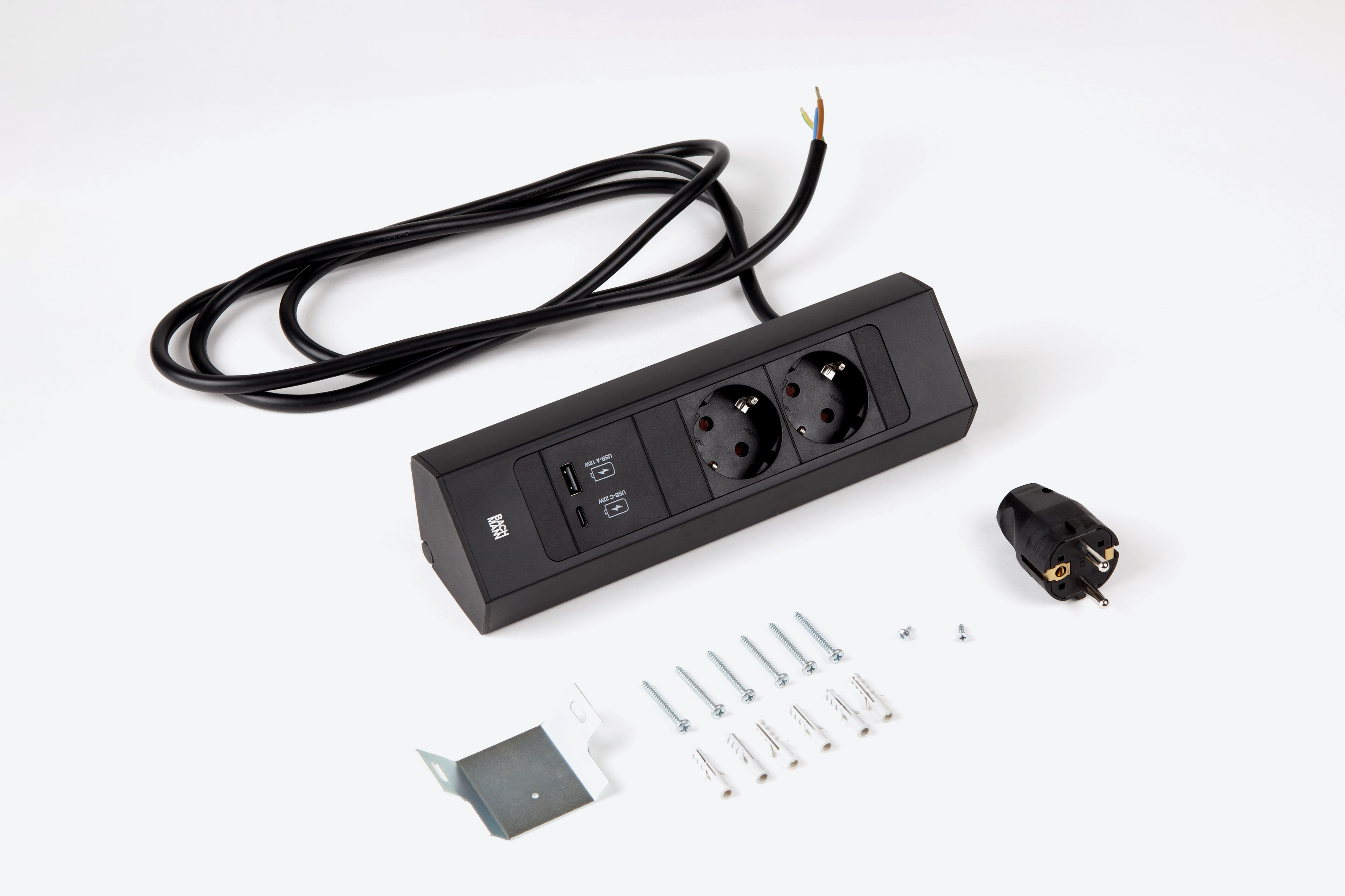 Bachmann 932.102 Steckdosenleiste CASIA 2 Kurz, 2x Schutzkontaktsteckdose, 1x USB A/C 22W, 2,0 m Aderendhülsen und beigelegter Montagestecker, schwarz