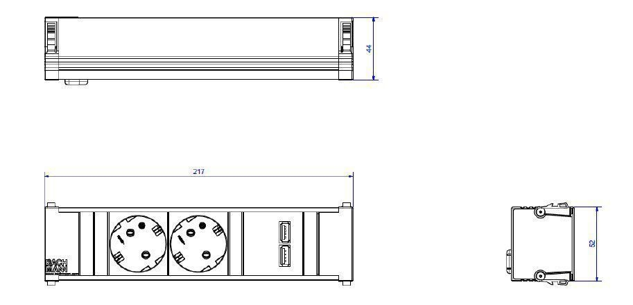 Bachmann 912.0156 CONI Steckdoseneinheit 2 Schutzkontaktsteckdosen, 1 USB Doppelcharger 2.0 5,2V / 2,15A, Zuleitung 0,2m H05VV-F3G1,5qmm, GST18 Stecker