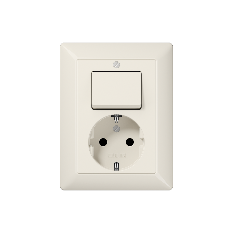 Jung AS5576EU Schutzkontakt-Steckdose mit Schalter Universal Aus-Wechsel , Schraubklemmen, ohne Krallen, Duroplast, Serie AS, weiß (ivory)