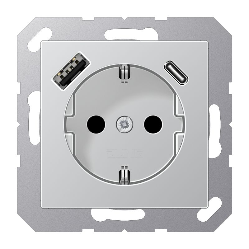 Jung A1520-15CAAL Schutzkontakt-Steckdose, mit USB-Ladegerät, 1 x Typ A + 1 x Typ C, Safety +, Serie A, aluminium