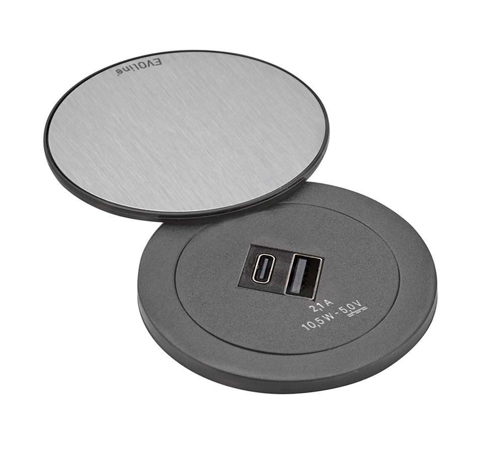 EVOline® 159280018900 One mit Drehdeckel und Doppel USB Charger Typ A + C, Netzanschlusskabel 3 m, schwarz mit Edelstahleinleger