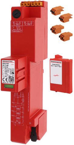 Dehn 909396 Kombi-Ableiter TT und TN-S-Systeme, für Wohngebäude ohne äußeren Blitzschutz, Kombi-Ableiter Typ 1 + 2 + 3 (3+1-Schaltung), für TT- und TN-S-Systeme, Spannungsversorgung für RfZ / APZ