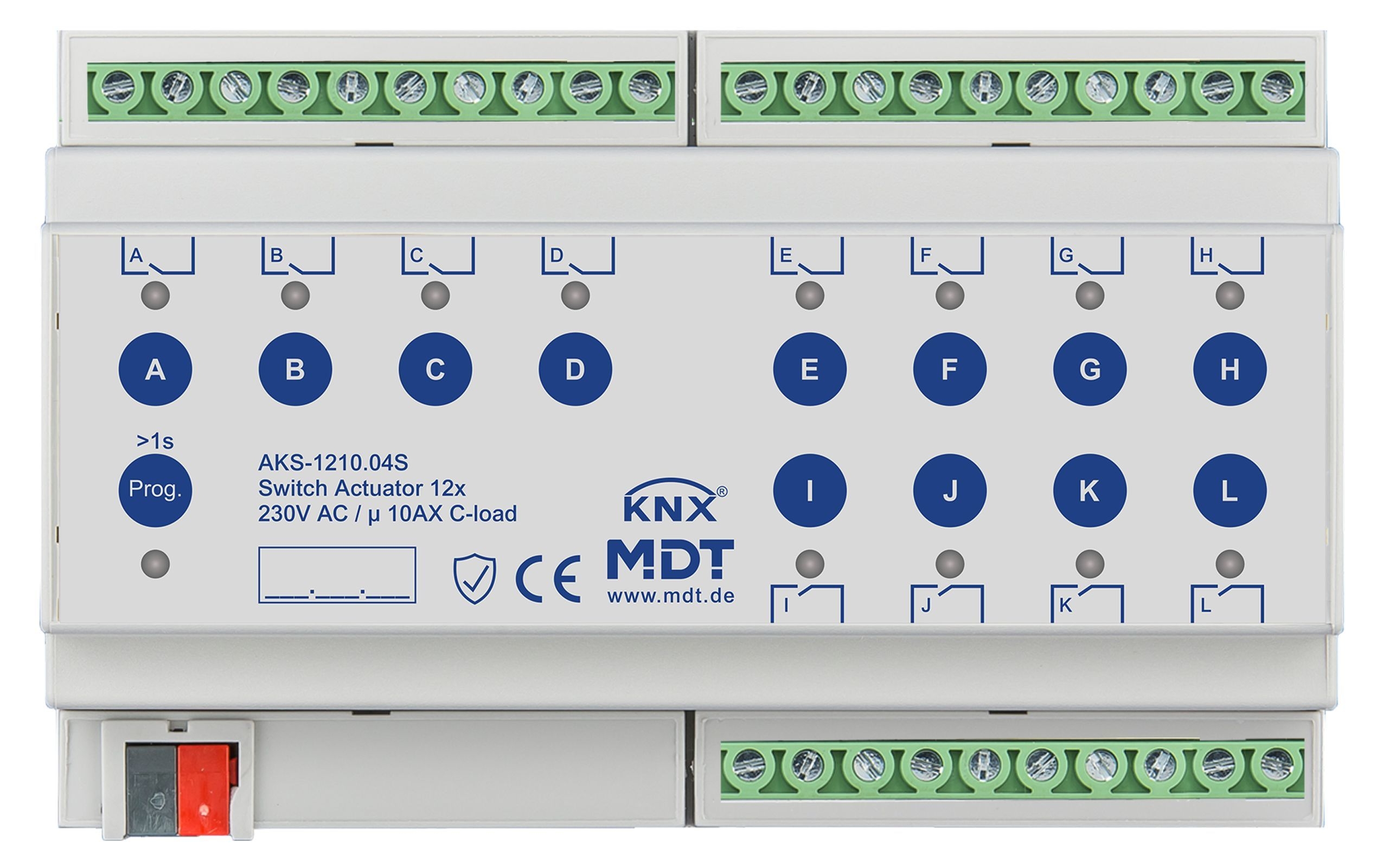 MDT AKS-1210.04S KNX Schaltaktor 12-fach, 8TE REG, 10 A, 230 V AC, C-Last, Standard, 140µF