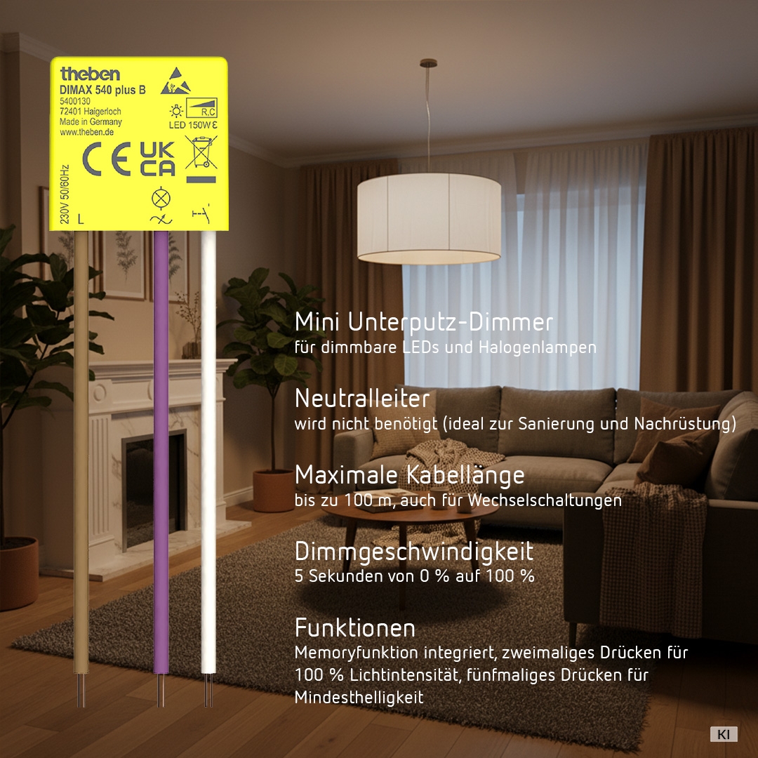 Theben 5400130 DIMAX 540 plus B Mini Unterputz Dimmer, benötigt keinen Neutralleiter/Nullleiter, Altbau, Nachrüstung, Renovierung, 100 m Kabellänge, Memory Funktion, einstellbare Mindesthelligkeit